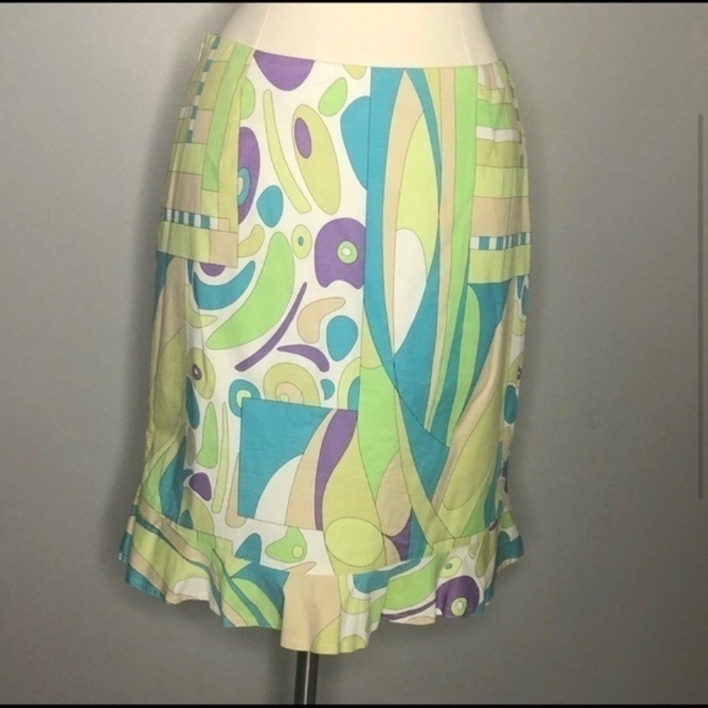 Carlisle vintage ruffle hem abstract print pencil skirt, size 8